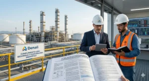 Ingenieros revisando documentación regulatoria de la Ley del Sector de Hidrocarburos en una planta industrial