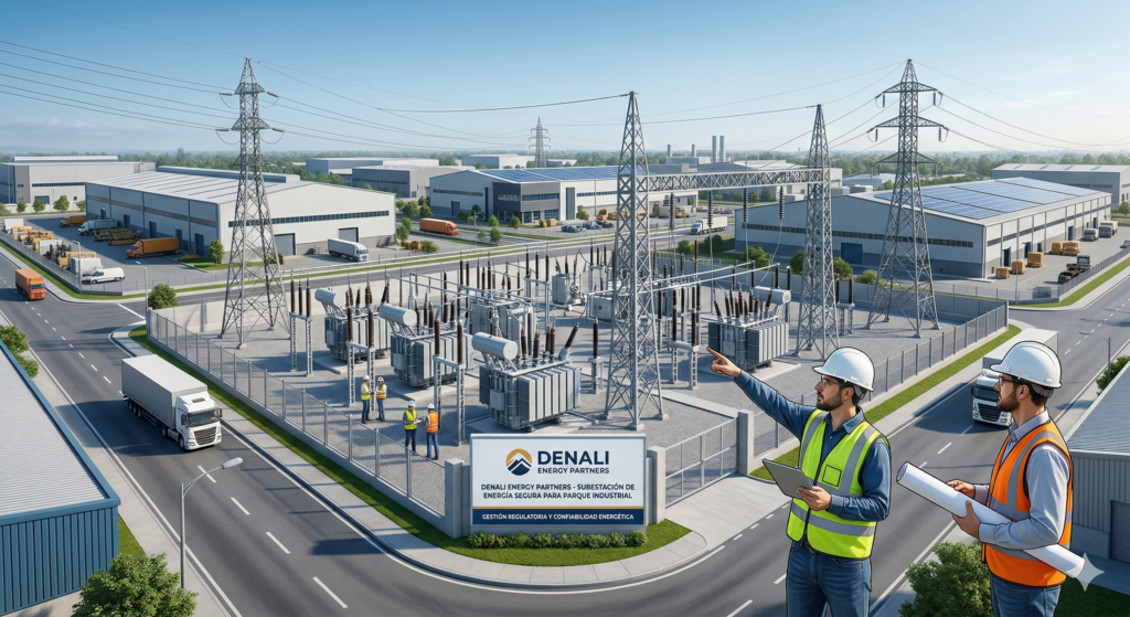 Subestación eléctrica en parque industrial diseñada por Denali Energy Partners para seguridad energética y gestión regulatoria.