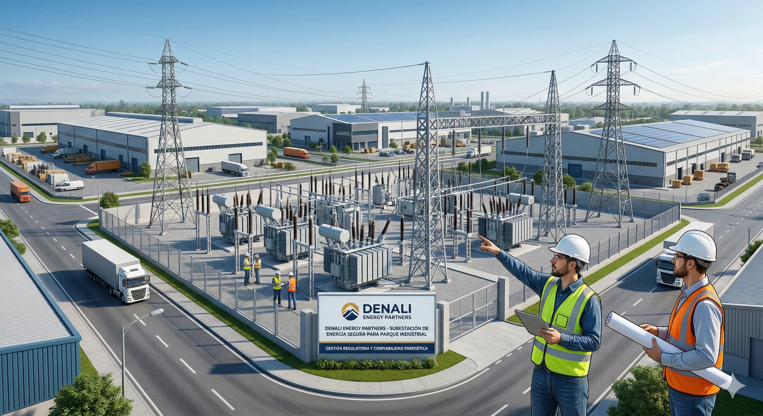 Ingenieros con casco revisando una subestación eléctrica dentro de un parque industrial con naves y camiones