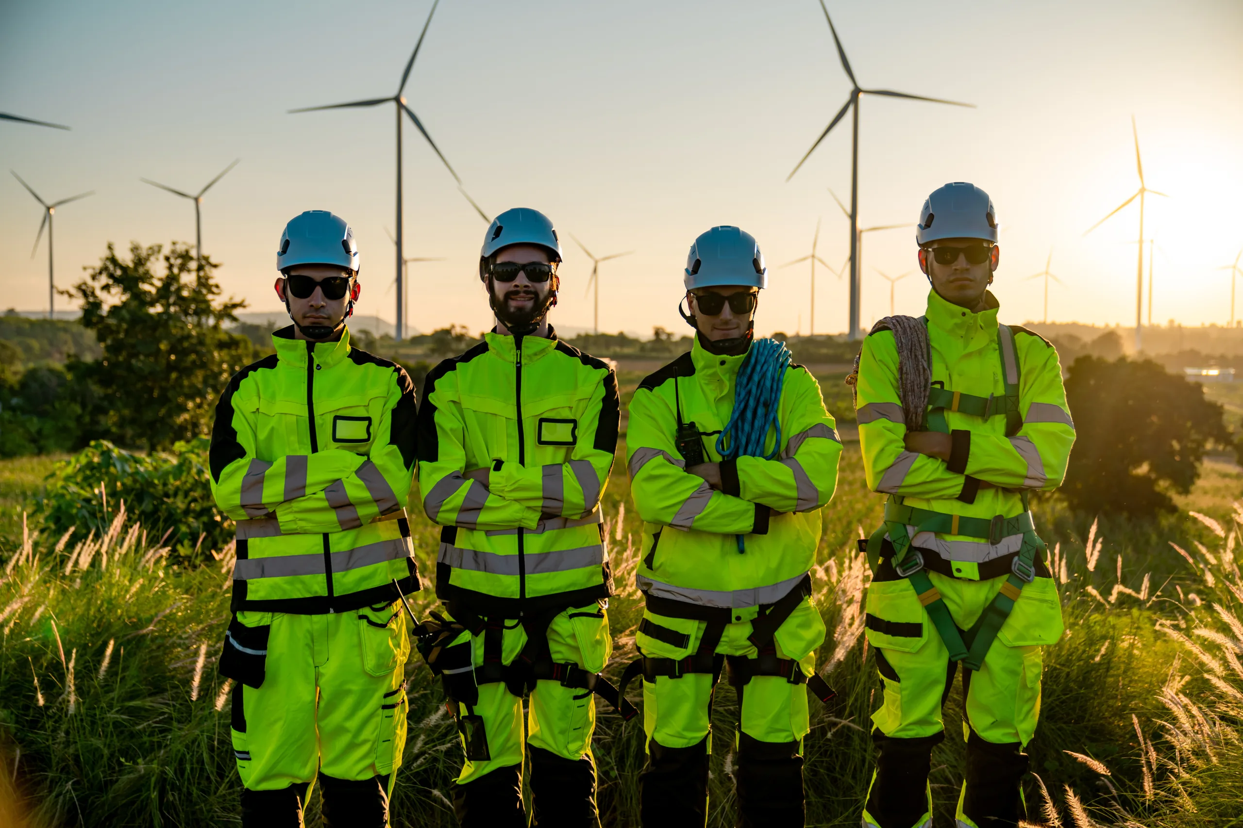 Equipo de cuatro técnicos con casco y ropa de alta visibilidad frente a aerogeneradores al atardecer