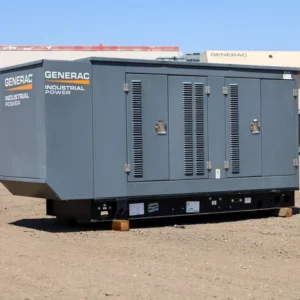 Generador a gas natural Generac de 100 kW en gabinete gris, vista exterior del equipo en venta