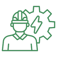 Ícono de ingeniero con casco y engrane con rayo que representa la implementación integral del proyecto